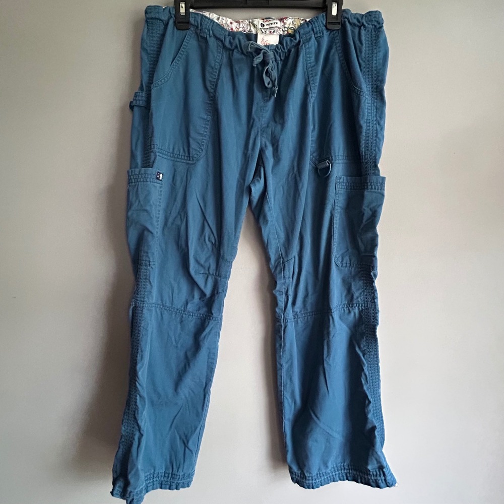 Koi Koi Koi Teal Blue Cargo Scrub Pants Womens Large Petite Drawstring Utility